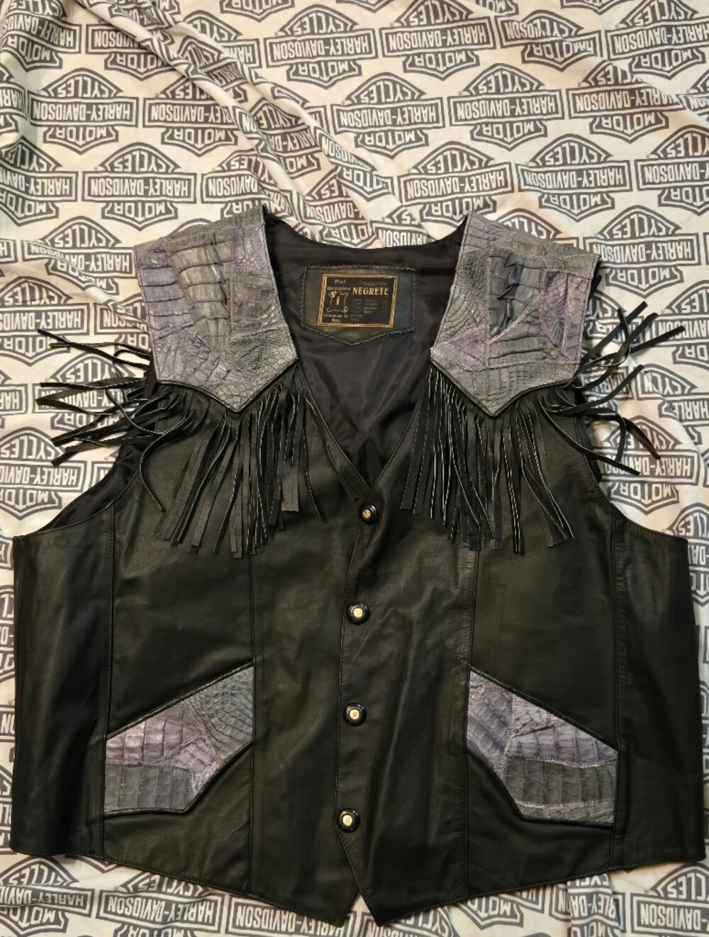 Vintage Black Leather Jacket with Gray Croc-Texture Trim and Fringe